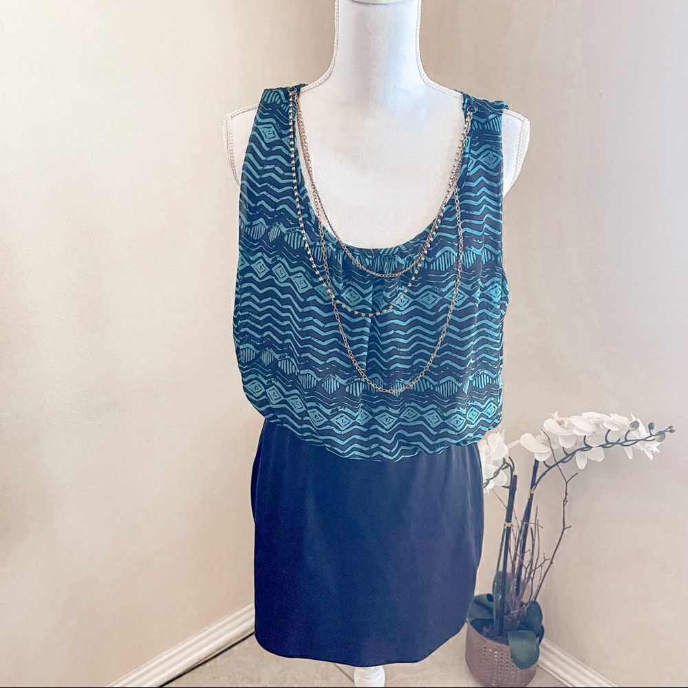 Bongo Y2K Vintage Teal/Black Print Blouson Sleeveless Tank Mini Dress;SZ XL; EUC